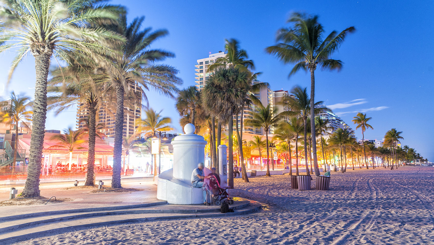 Promenade along the ocean at night