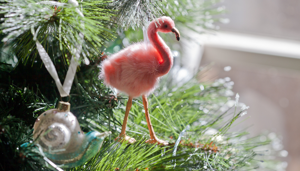 Pink Flamingo Ornament on tree