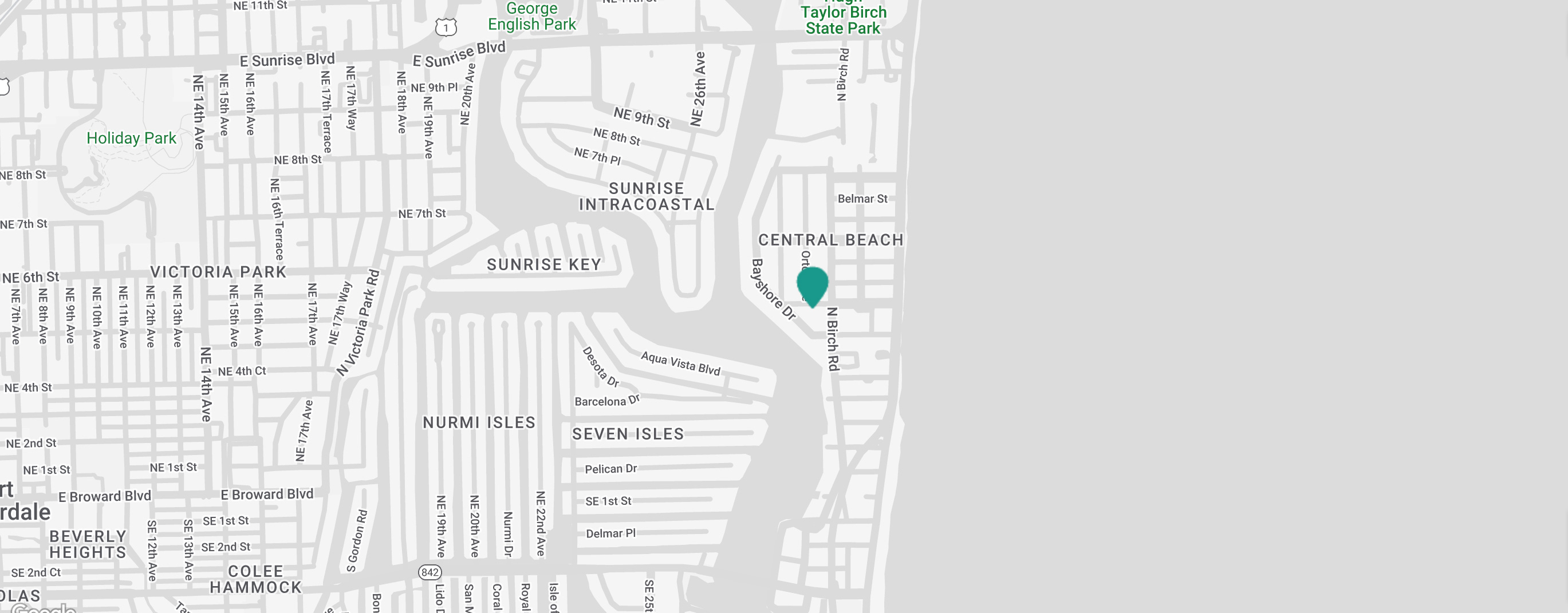 Static Google Map image of Shorebreak Hotel location using teal colored map pin - links out to Google Maps website